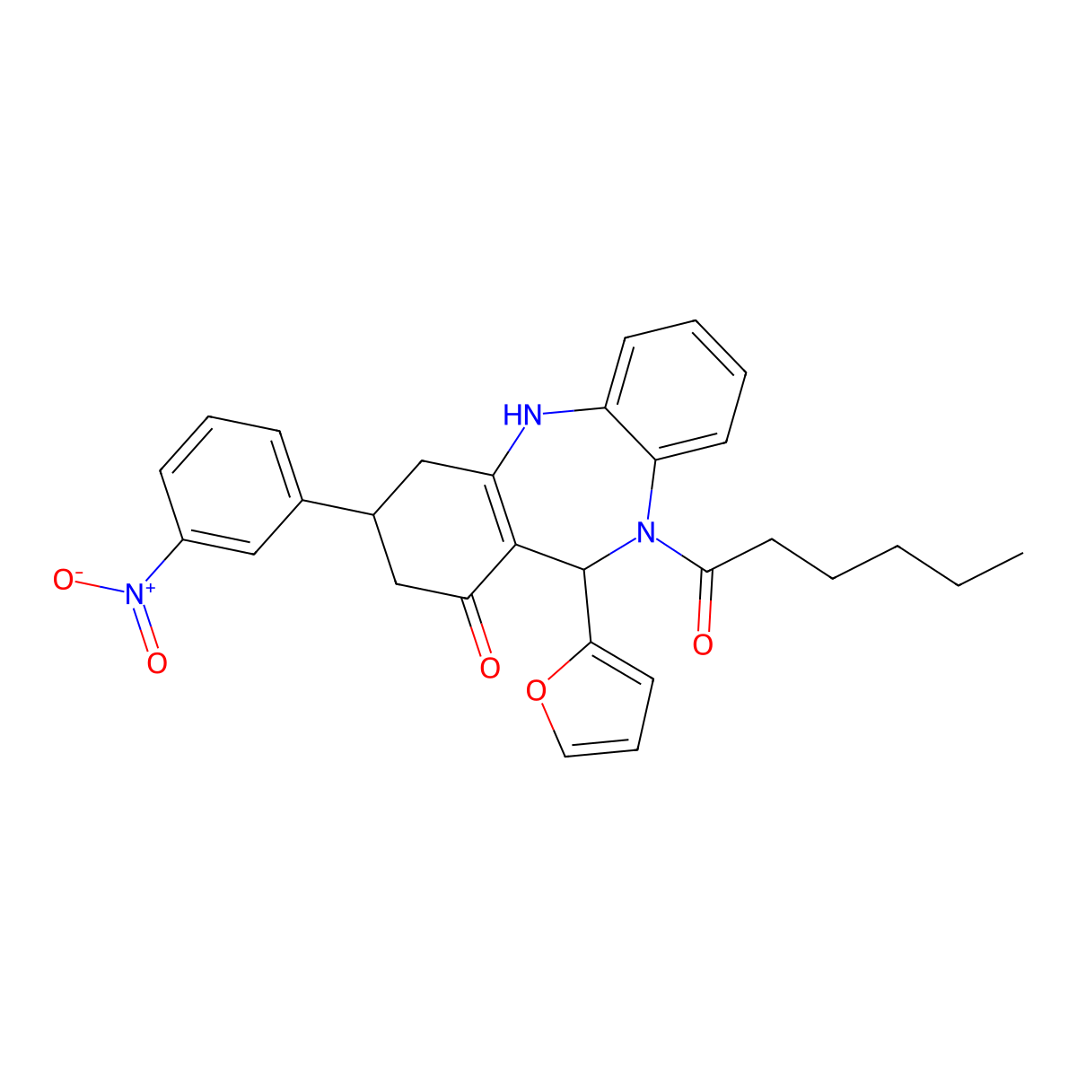 6-(furan-2-yl)-5-hexanoyl-9-(3-nitrophenyl)-8,9,10,11-tetrahydro-6H-benzo[b][1,4]benzodiazepin-7-one molecular structure, CAS 355402-37-8