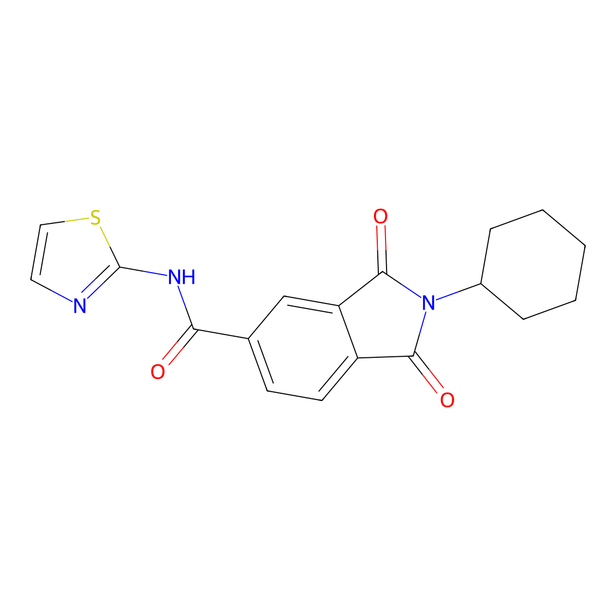 2-cyclohexyl-1,3-dioxo-N-(1,3-thiazol-2-yl)-2,3-dihydro-1H-isoindole-5-carboxamide molecular structure, CAS 355403-20-2