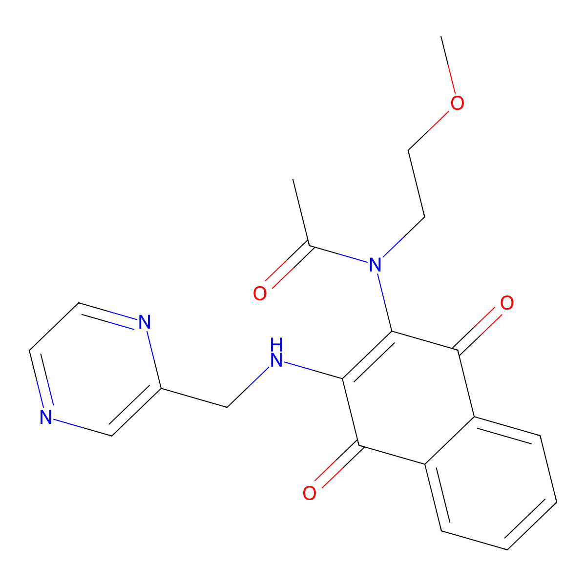 N-(1,4-dioxo-3-(pyrazin-2-ylmethylamino)-1,4-dihydronaphthalen-2-yl)-N-(2-methoxyethyl)acetamide molecular structure, CAS 355405-02-6