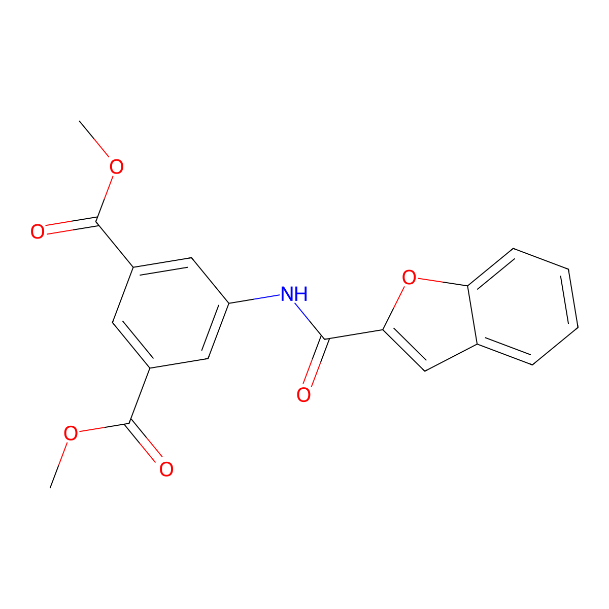 Dimethyl 5-(1-benzofuran-2-carbonylamino)benzene-1,3-dicarboxylate molecular structure, CAS 355412-34-9