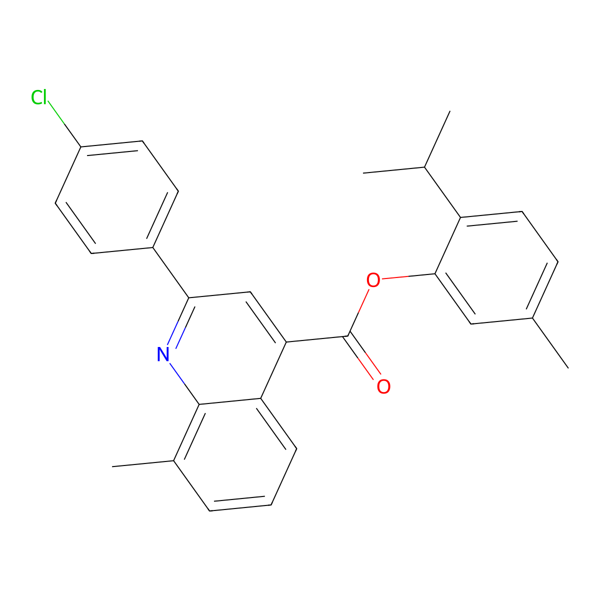 2-Isopropyl-5-methylphenyl 2-(4-chlorophenyl)-8-methyl-4-quinolinecarboxylate molecular structure, CAS 355413-89-7
