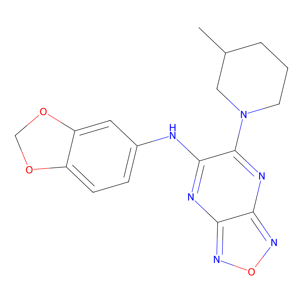 N-(1,3-benzodioxol-5-yl)-5-(3-methylpiperidin-1-yl)-[1,2,5]oxadiazolo[3,4-b]pyrazin-6-amine molecular structure, CAS 355414-86-7