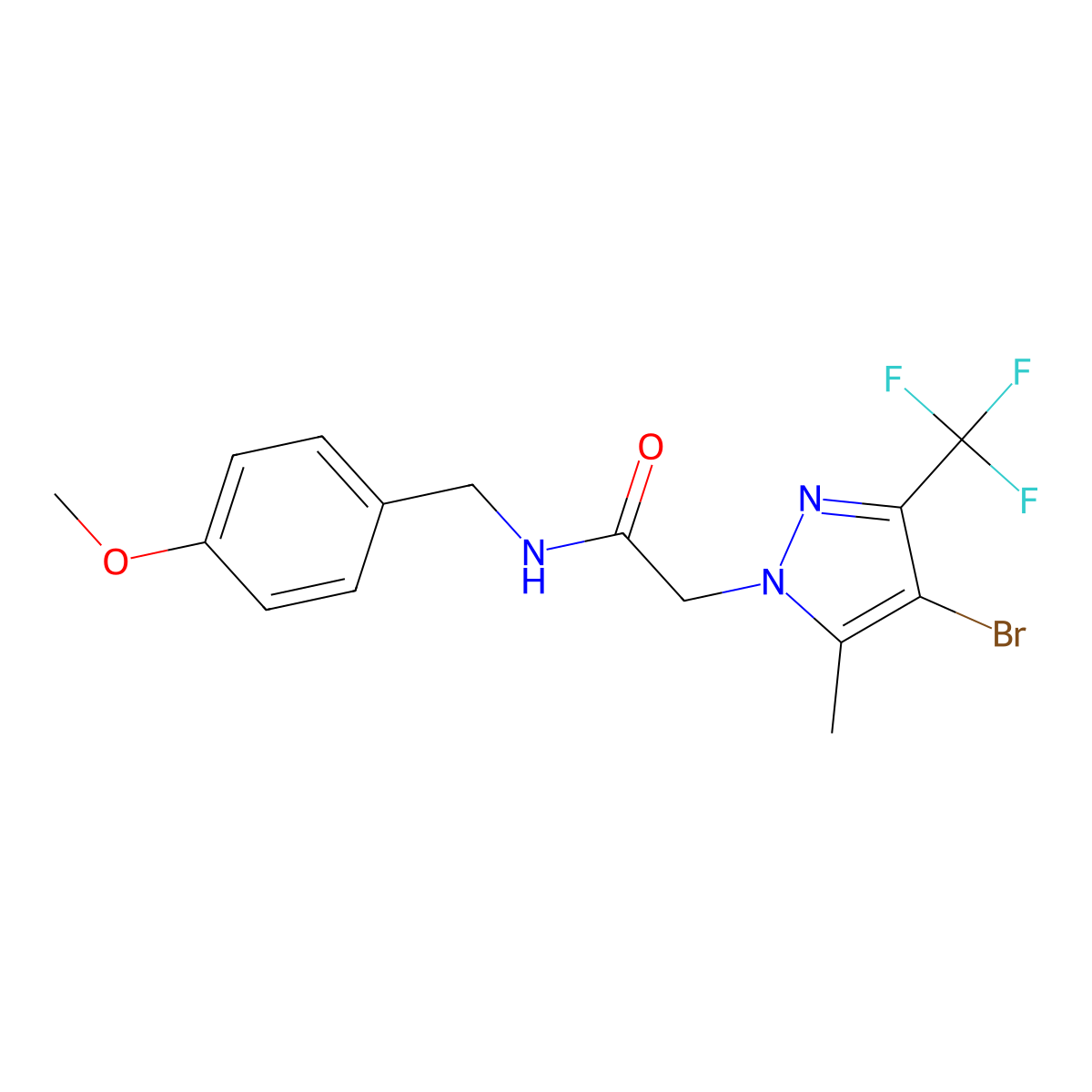 2-[4-bromo-5-methyl-3-(trifluoromethyl)pyrazol-1-yl]-N-[(4-methoxyphenyl)methyl]acetamide molecular structure, CAS 355416-51-2