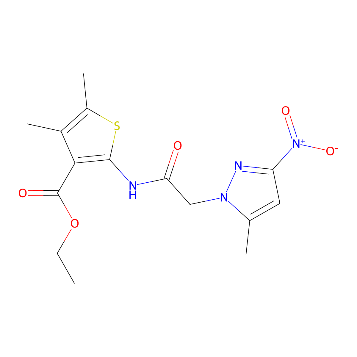 Ethyl 4,5-dimethyl-2-[[2-(5-methyl-3-nitropyrazol-1-yl)acetyl]amino]thiophene-3-carboxylate molecular structure, CAS 355416-69-2