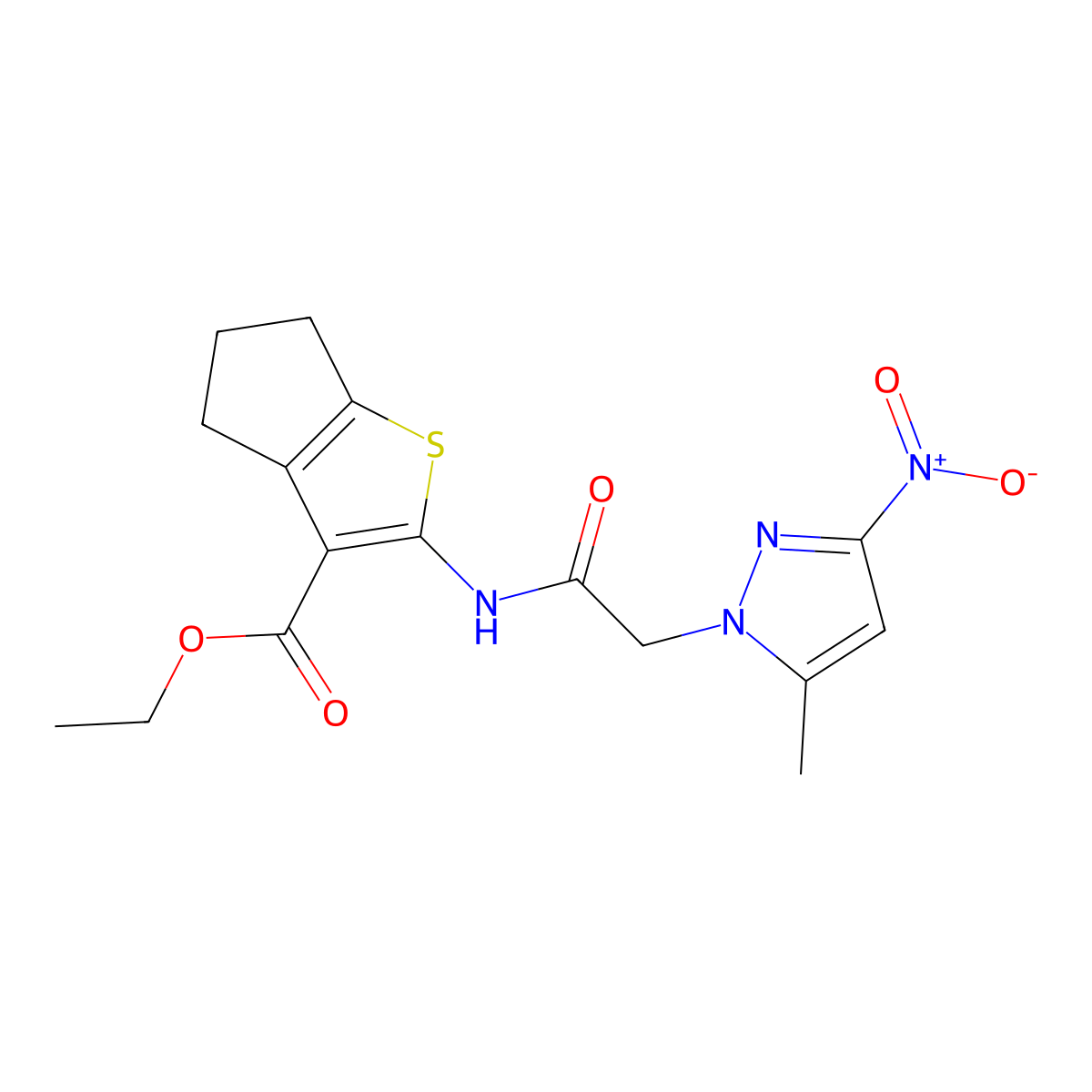 ethyl 2-[[2-(5-methyl-3-nitropyrazol-1-yl)acetyl]amino]-5,6-dihydro-4H-cyclopenta[b]thiophene-3-carboxylate molecular structure, CAS 355416-71-6