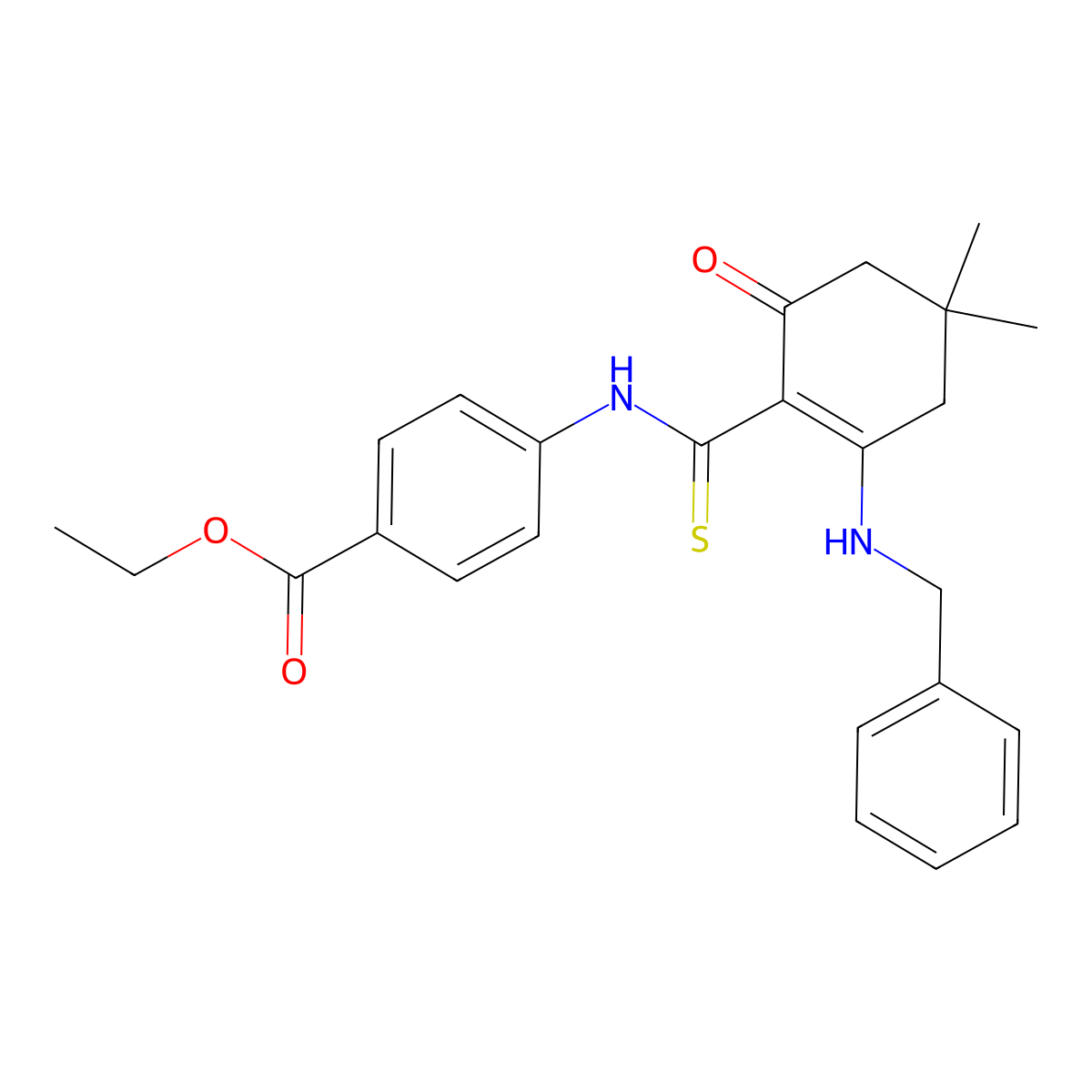 Ethyl 4-[[2-(benzylamino)-4,4-dimethyl-6-oxocyclohexene-1-carbothioyl]amino]benzoate molecular structure, CAS 355430-55-6