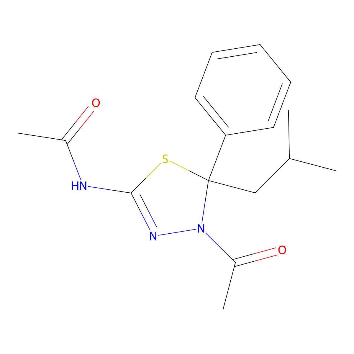 N-[4-acetyl-5-(2-methylpropyl)-5-phenyl-4,5-dihydro-1,3,4-thiadiazol-2-yl]acetamide molecular structure, CAS 355435-20-0