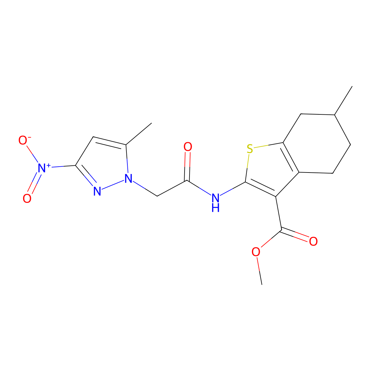 Methyl 6-methyl-2-[[2-(5-methyl-3-nitropyrazol-1-yl)acetyl]amino]-4,5,6,7-tetrahydro-1-benzothiophene-3-carboxylate molecular structure, CAS 355804-92-1