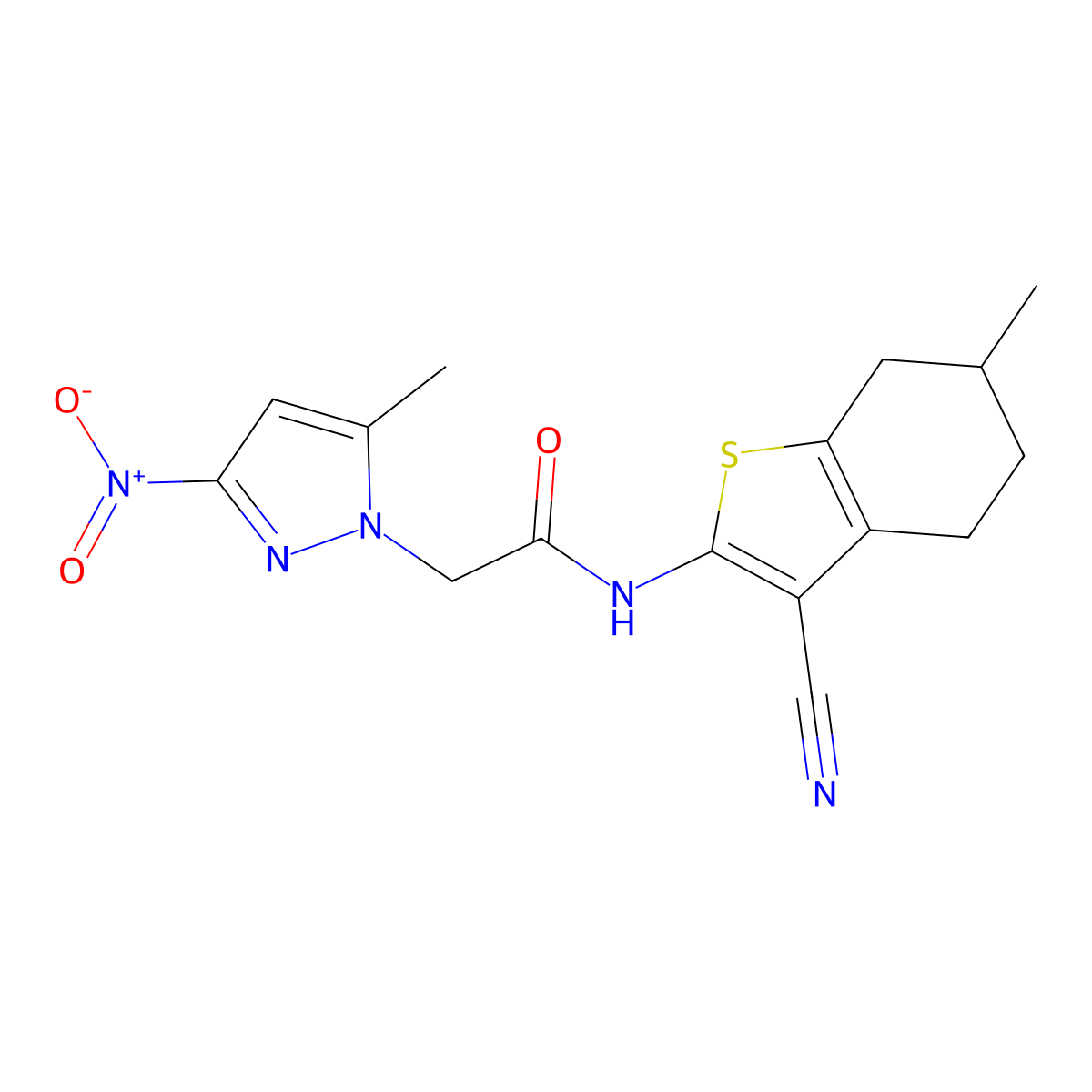 N-(3-cyano-6-methyl-4,5,6,7-tetrahydrobenzo[b]thiophen-2-yl)-2-(5-methyl-3-nitro-1H-pyrazol-1-yl)acetamide molecular structure, CAS 355804-93-2
