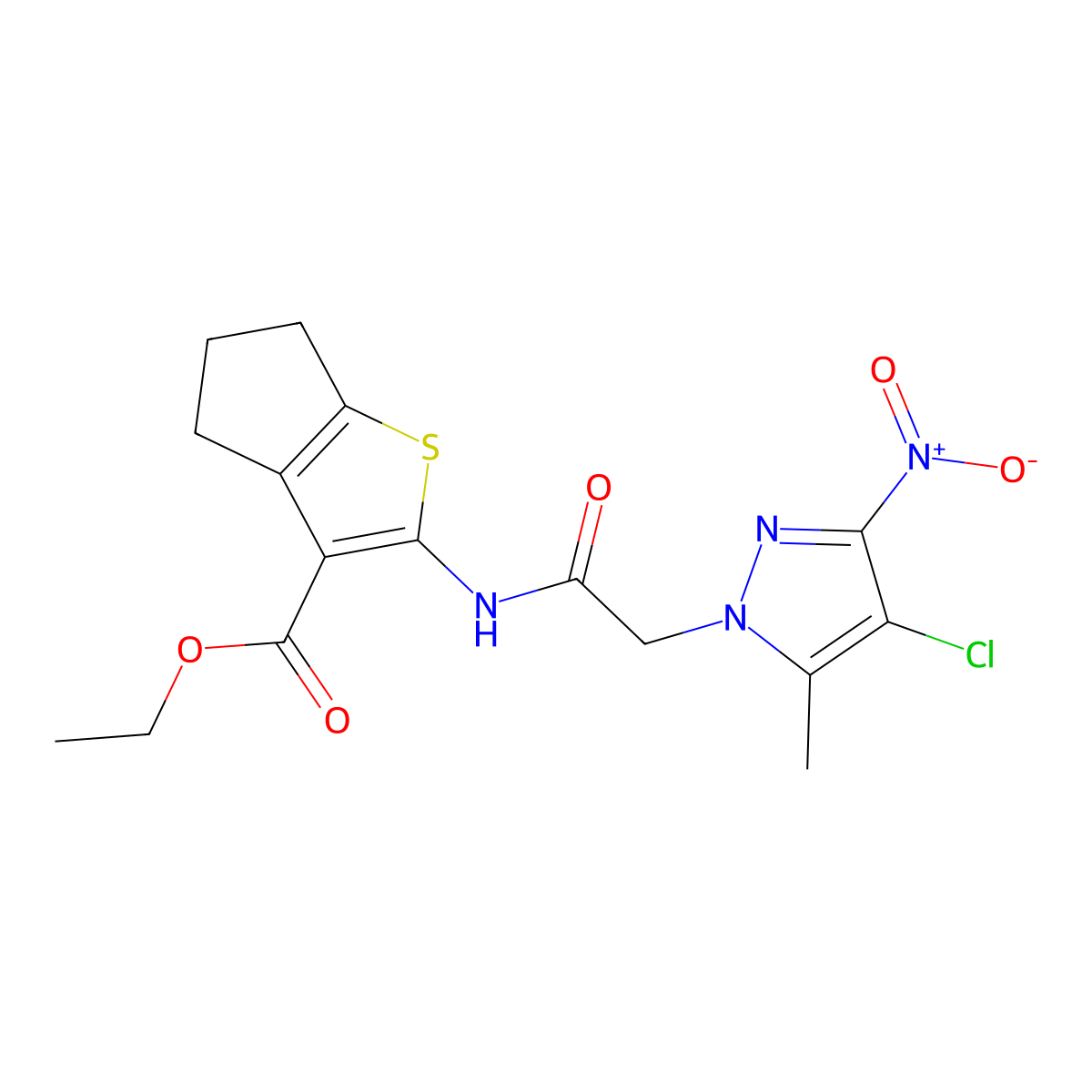 ethyl 2-[[2-(4-chloro-5-methyl-3-nitropyrazol-1-yl)acetyl]amino]-5,6-dihydro-4H-cyclopenta[b]thiophene-3-carboxylate molecular structure, CAS 355804-95-4
