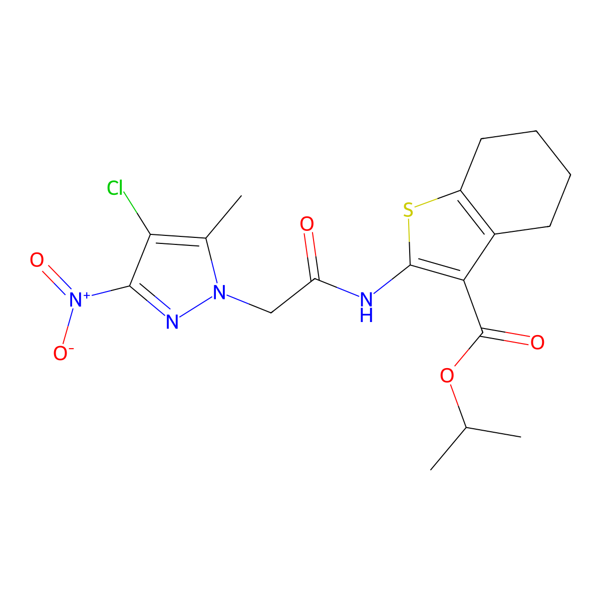 Propan-2-yl 2-[[2-(4-chloro-5-methyl-3-nitropyrazol-1-yl)acetyl]amino]-4,5,6,7-tetrahydro-1-benzothiophene-3-carboxylate molecular structure, CAS 355804-96-5