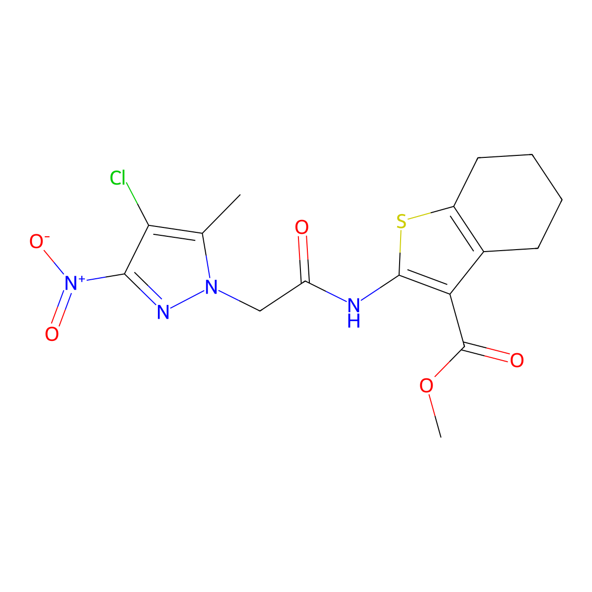 Methyl 2-[[2-(4-chloro-5-methyl-3-nitropyrazol-1-yl)acetyl]amino]-4,5,6,7-tetrahydro-1-benzothiophene-3-carboxylate molecular structure, CAS 355804-99-8