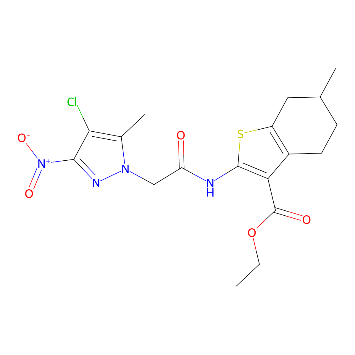 Ethyl 2-[[2-(4-chloro-5-methyl-3-nitropyrazol-1-yl)acetyl]amino]-6-methyl-4,5,6,7-tetrahydro-1-benzothiophene-3-carboxylate molecular structure, CAS 355805-00-4