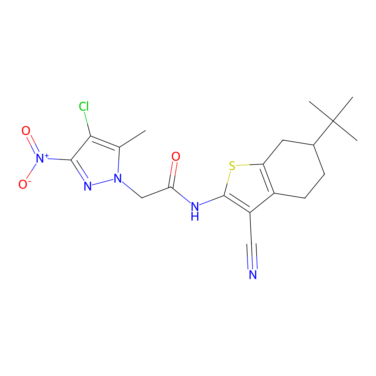 N-(6-tert-butyl-3-cyano-4,5,6,7-tetrahydro-1-benzothien-2-yl)-2-{4-chloro-3-nitro-5-methyl-1H-pyrazol-1-yl}acetamide molecular structure, CAS 355805-01-5