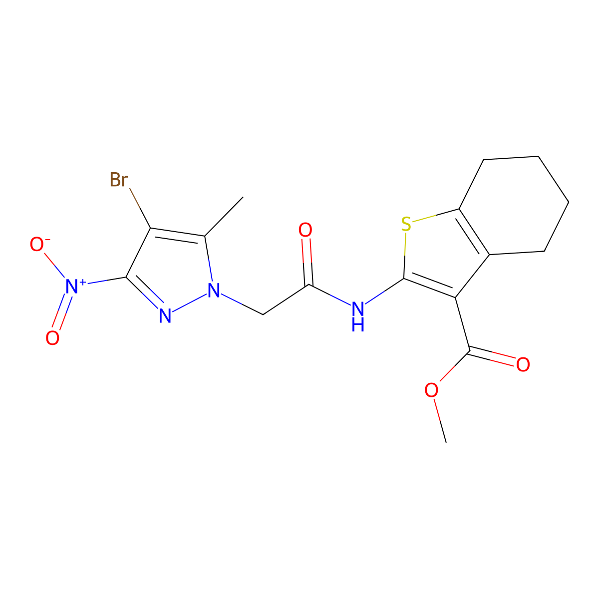 Methyl 2-[[2-(4-bromo-5-methyl-3-nitropyrazol-1-yl)acetyl]amino]-4,5,6,7-tetrahydro-1-benzothiophene-3-carboxylate molecular structure, CAS 355805-11-7