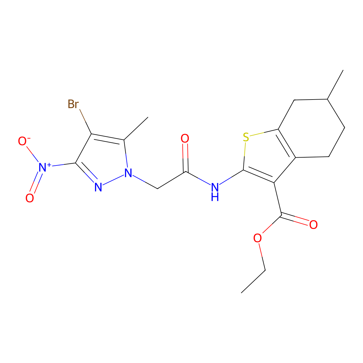 2-[2-(4-Bromo-5-methyl-3-nitro-pyrazol-1-yl)-acetylamino]-6-methyl-4,5,6,7-tetrahydro-benzo[b]thiophene-3-carboxylic acid ethyl ester molecular structure, CAS 355805-12-8