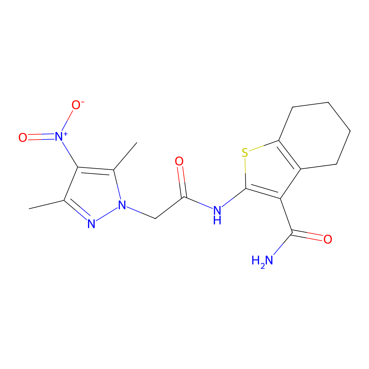 2-[[2-(3,5-Dimethyl-4-nitropyrazol-1-yl)acetyl]amino]-4,5,6,7-tetrahydro-1-benzothiophene-3-carboxamide molecular structure, CAS 355805-18-4