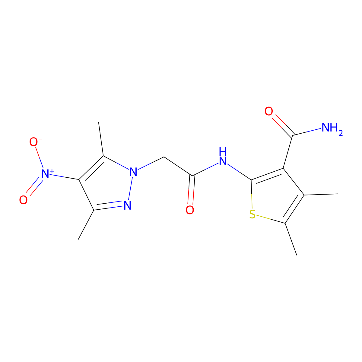2-[[2-(3,5-Dimethyl-4-nitropyrazol-1-yl)acetyl]amino]-4,5-dimethylthiophene-3-carboxamide molecular structure, CAS 355805-19-5