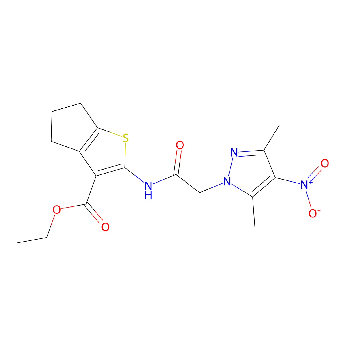 ethyl 2-[[2-(3,5-dimethyl-4-nitropyrazol-1-yl)acetyl]amino]-5,6-dihydro-4H-cyclopenta[b]thiophene-3-carboxylate molecular structure, CAS 355805-22-0