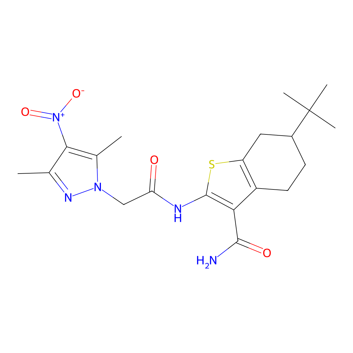 6-Tert-butyl-2-[[2-(3,5-dimethyl-4-nitropyrazol-1-yl)acetyl]amino]-4,5,6,7-tetrahydro-1-benzothiophene-3-carboxamide molecular structure, CAS 355805-25-3
