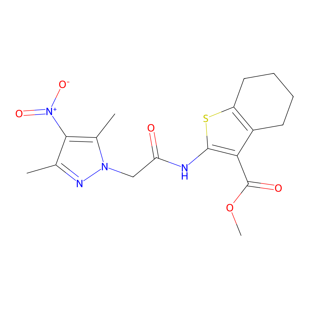 Methyl 2-[[2-(3,5-dimethyl-4-nitropyrazol-1-yl)acetyl]amino]-4,5,6,7-tetrahydro-1-benzothiophene-3-carboxylate molecular structure, CAS 355805-26-4