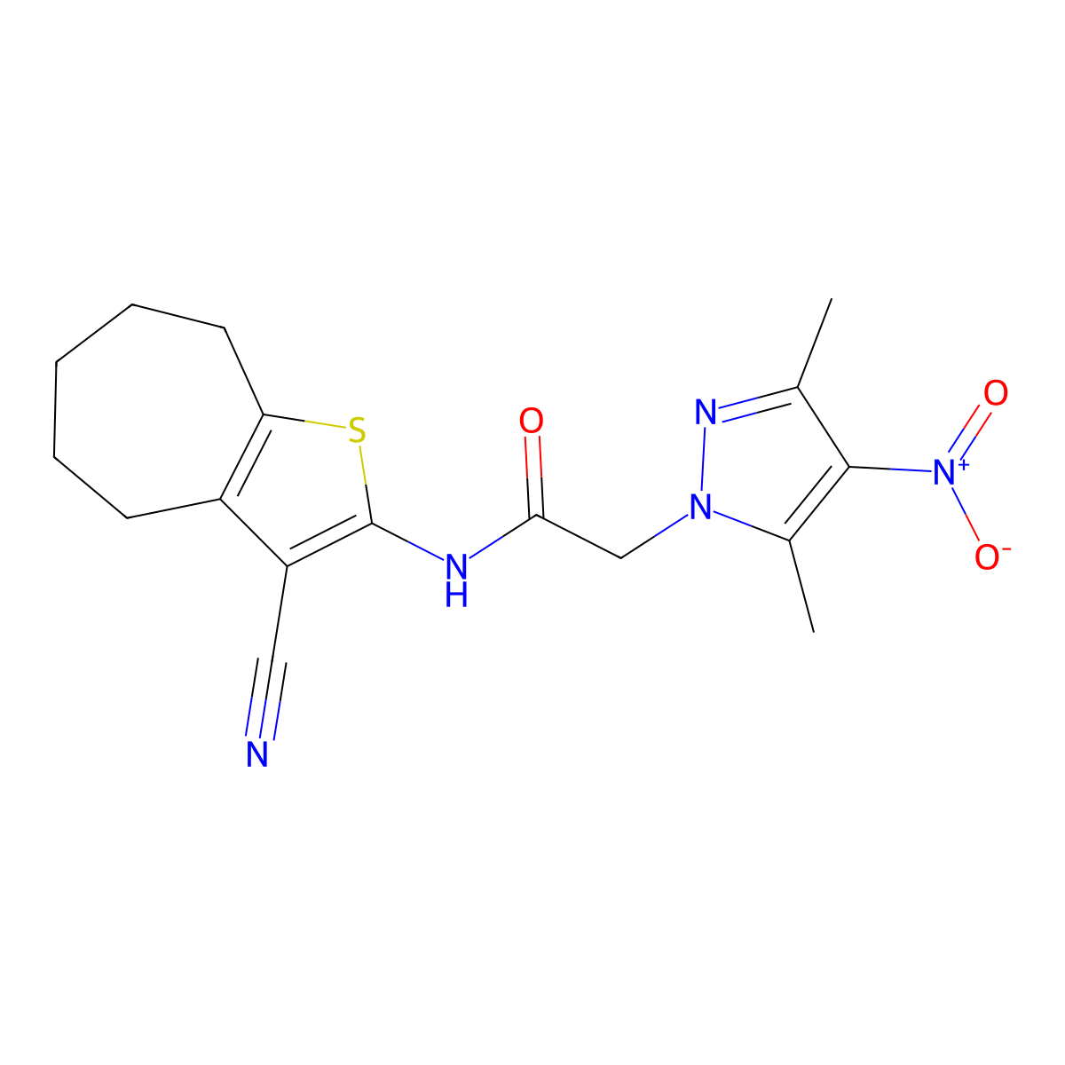 N-(3-cyano-5,6,7,8-tetrahydro-4H-cyclohepta[b]thiophen-2-yl)-2-(3,5-dimethyl-4-nitro-1H-pyrazol-1-yl)acetamide molecular structure, CAS 355805-29-7