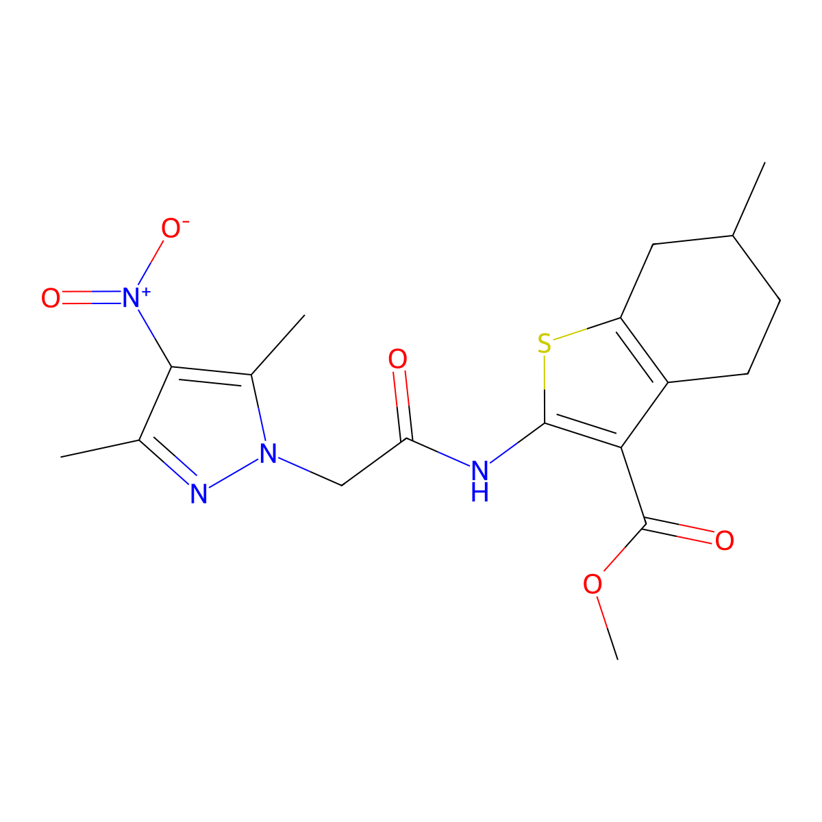 Methyl 2-[[2-(3,5-dimethyl-4-nitropyrazol-1-yl)acetyl]amino]-6-methyl-4,5,6,7-tetrahydro-1-benzothiophene-3-carboxylate molecular structure, CAS 355805-30-0