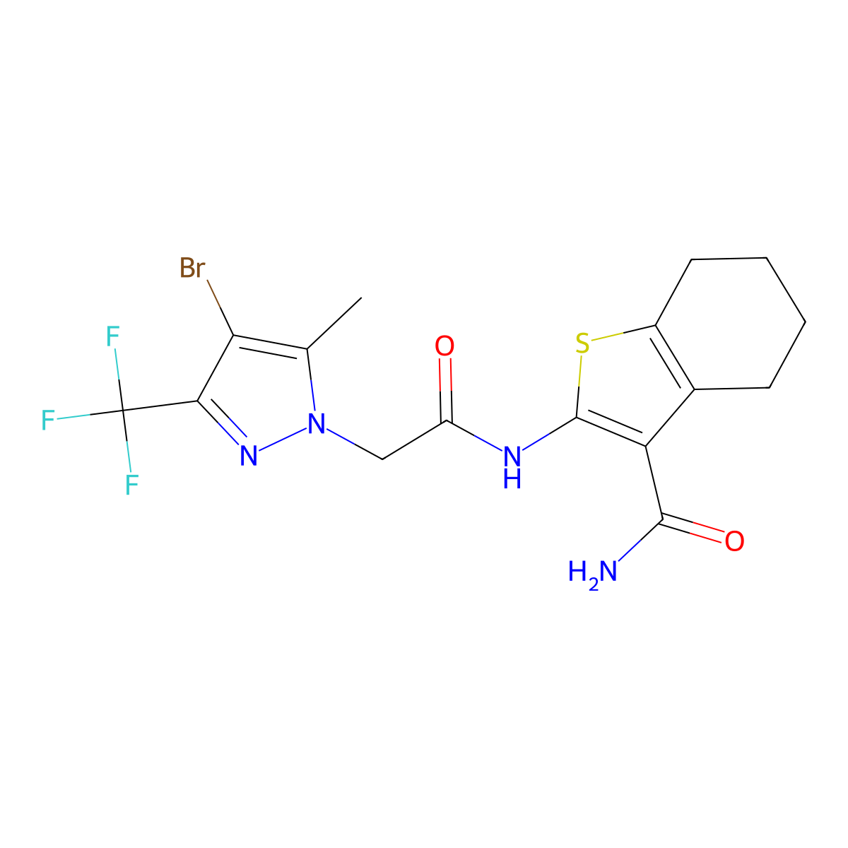 2-({[4-bromo-5-methyl-3-(trifluoromethyl)-1H-pyrazol-1-yl]acetyl}amino)-4,5,6,7-tetrahydro-1-benzothiophene-3-carboxamide molecular structure, CAS 355805-37-7