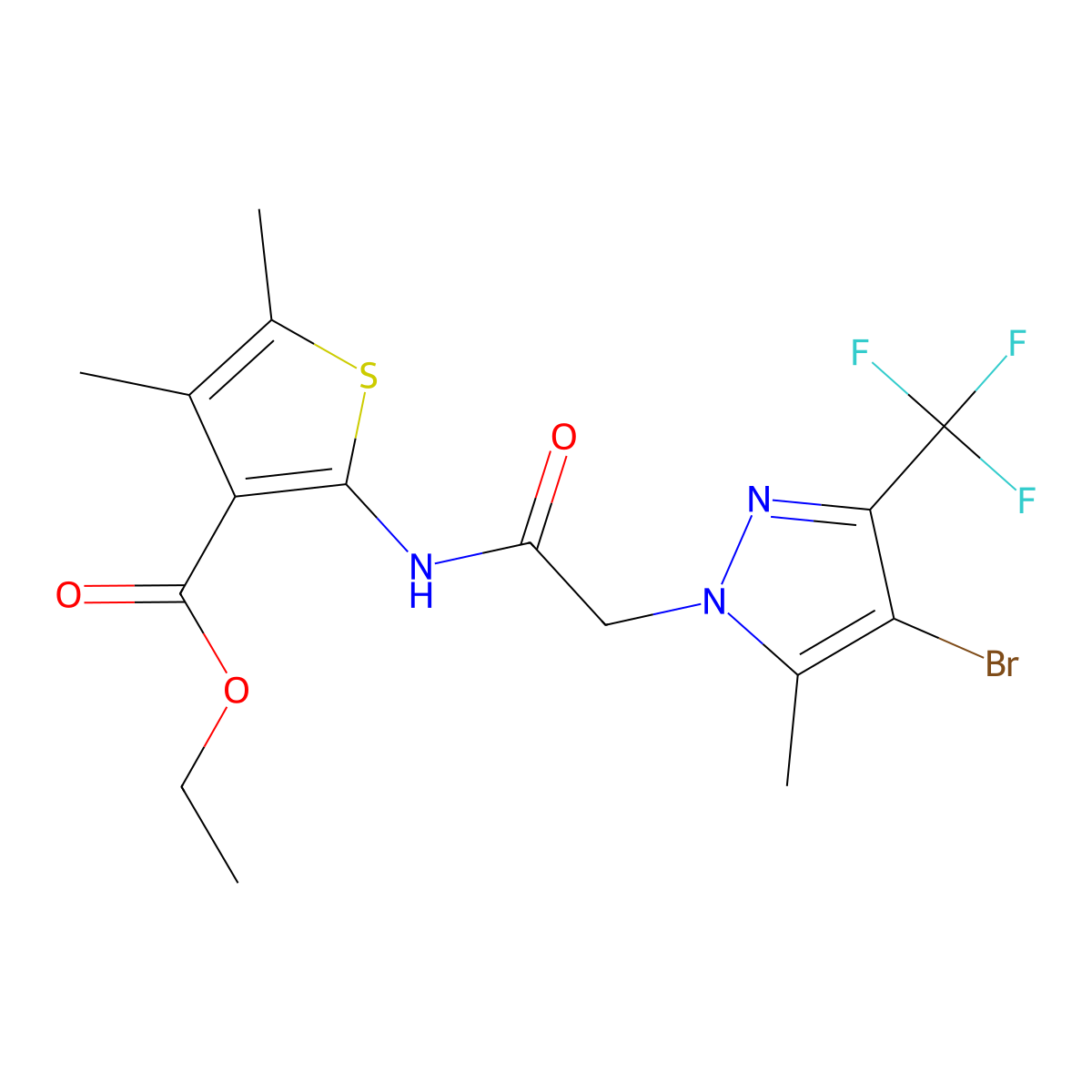 Ethyl 2-[[2-[4-bromo-5-methyl-3-(trifluoromethyl)pyrazol-1-yl]acetyl]amino]-4,5-dimethylthiophene-3-carboxylate molecular structure, CAS 355805-41-3