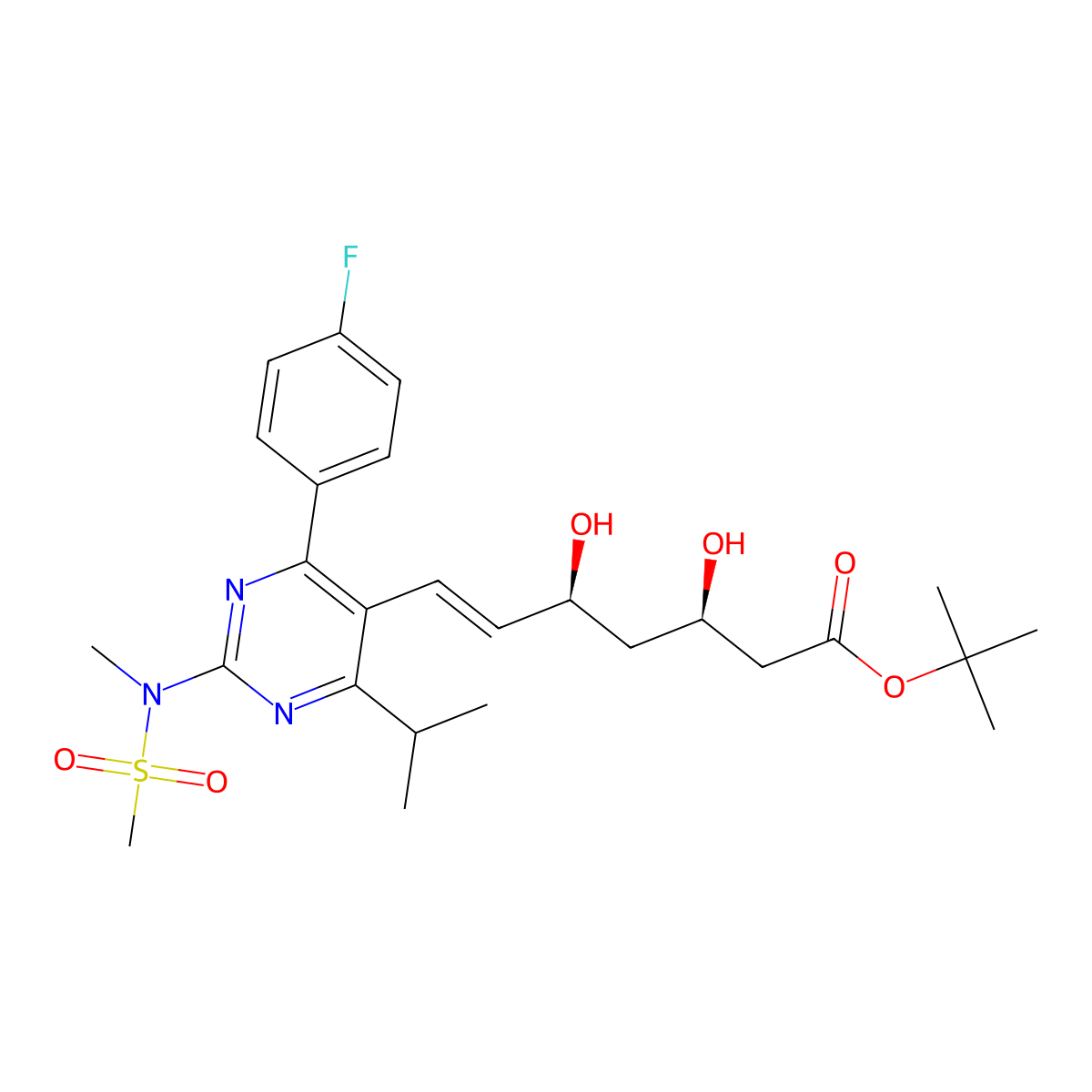 1,1-Dimethylethyl (3R,5S,6E)-7-(4-(4-fluorophenyl)-6-(1-methylethyl)-2-(methyl(methylsulfonyl)amino)-5-pyrimidinyl)-3,5-dihydroxy-6-heptenoate molecular structure, CAS 355806-00-7