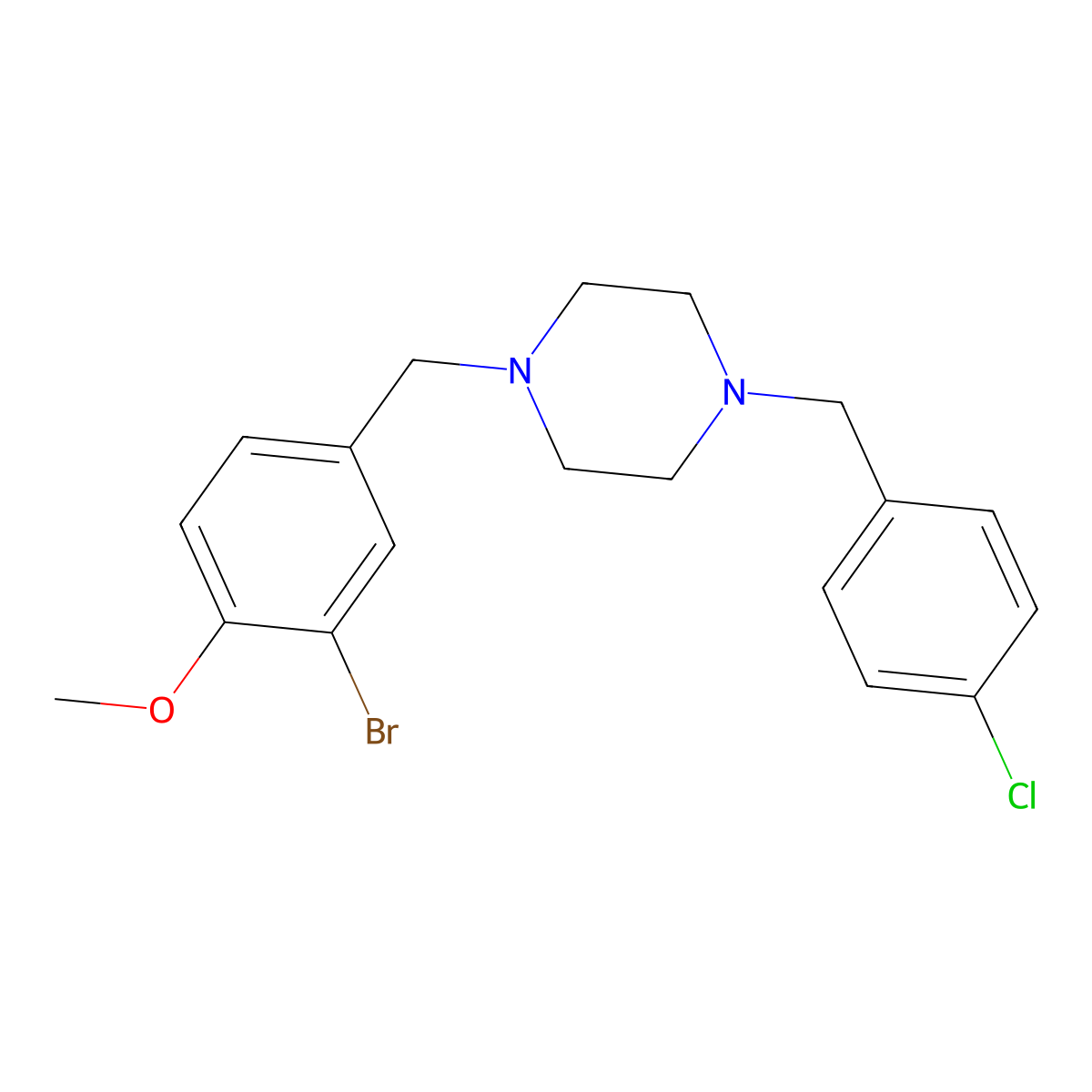 1-[(3-Bromo-4-methoxyphenyl)methyl]-4-[(4-chlorophenyl)methyl]piperazine molecular structure, CAS 355821-34-0