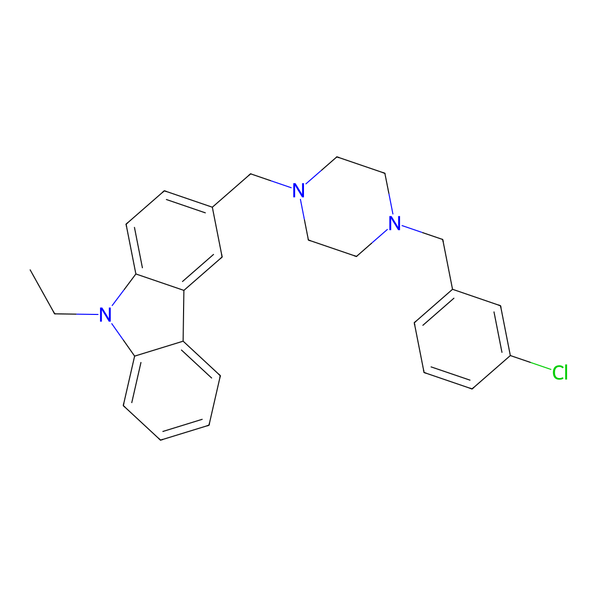 3-[[4-[(3-Chlorophenyl)methyl]piperazin-1-yl]methyl]-9-ethylcarbazole molecular structure, CAS 355821-36-2