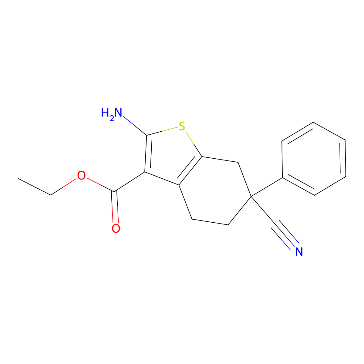 Ethyl 2-amino-6-cyano-6-phenyl-4,5,6,7-tetrahydro-1-benzothiophene-3-carboxylate molecular structure, CAS 355822-27-4