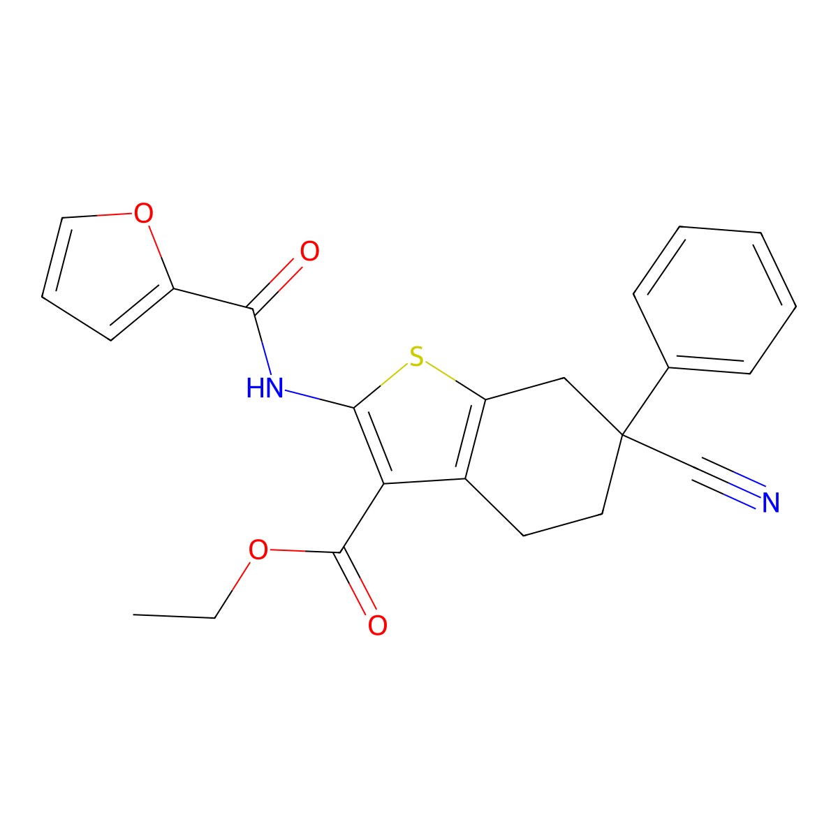 Ethyl 6-cyano-2-[(furan-2-ylcarbonyl)amino]-6-phenyl-4,5,6,7-tetrahydro-1-benzothiophene-3-carboxylate molecular structure, CAS 355822-32-1