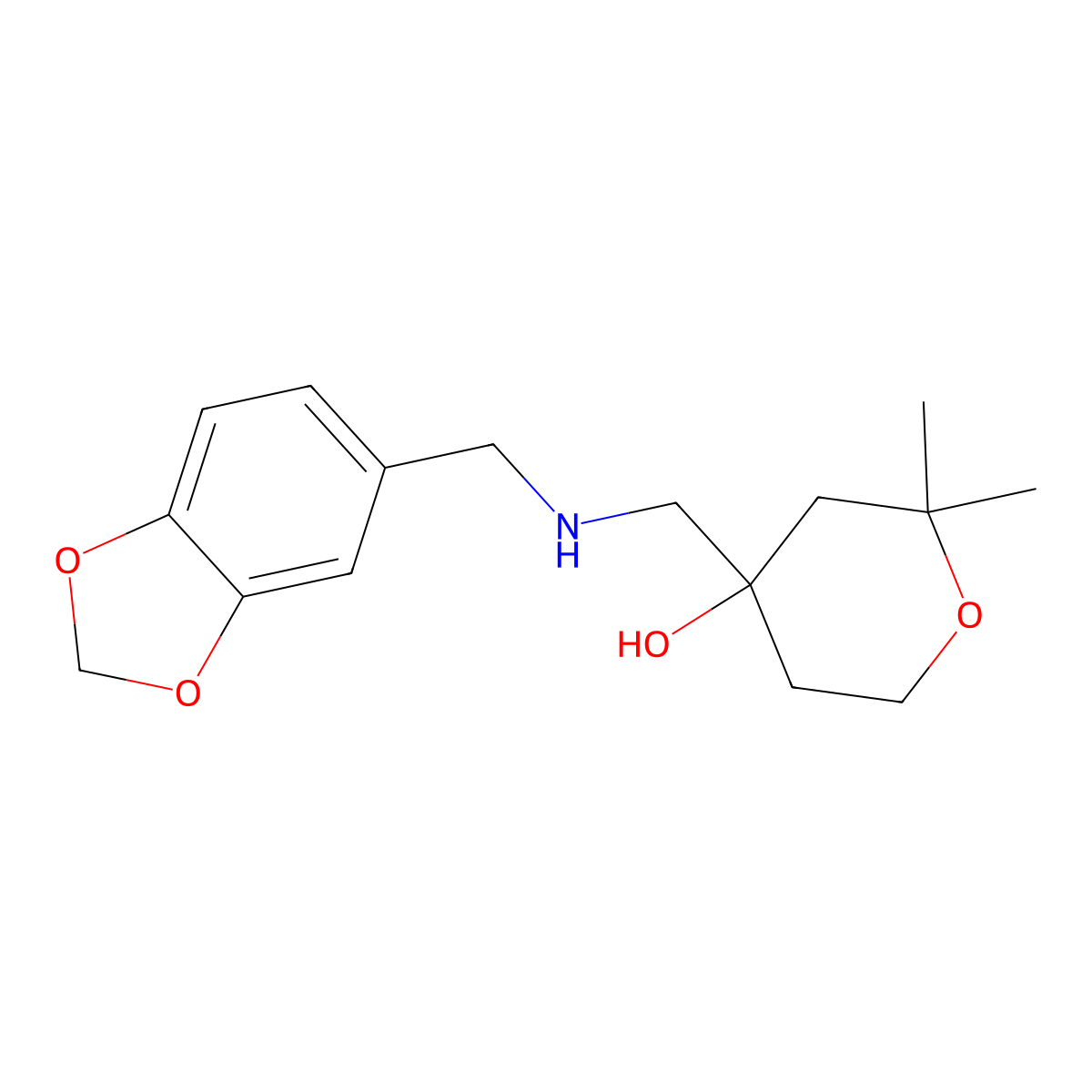 4-{[(Benzo[1,3]dioxol-5-ylmethyl)-amino]-methyl}-2,2-dimethyl-tetrahydro-pyran-4-ol molecular structure, CAS 355822-82-1
