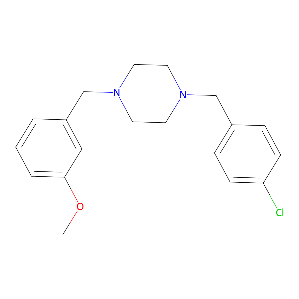1-[(4-Chlorophenyl)methyl]-4-[(3-methoxyphenyl)methyl]piperazine molecular structure, CAS 355824-35-0