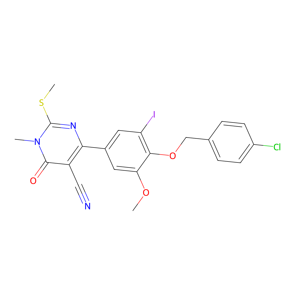 4-{4-[(4-Chlorobenzyl)oxy]-3-iodo-5-methoxyphenyl}-1-methyl-2-(methylsulfanyl)-6-oxo-1,6-dihydro-5-pyrimidinecarbonitrile molecular structure, CAS 355826-94-7