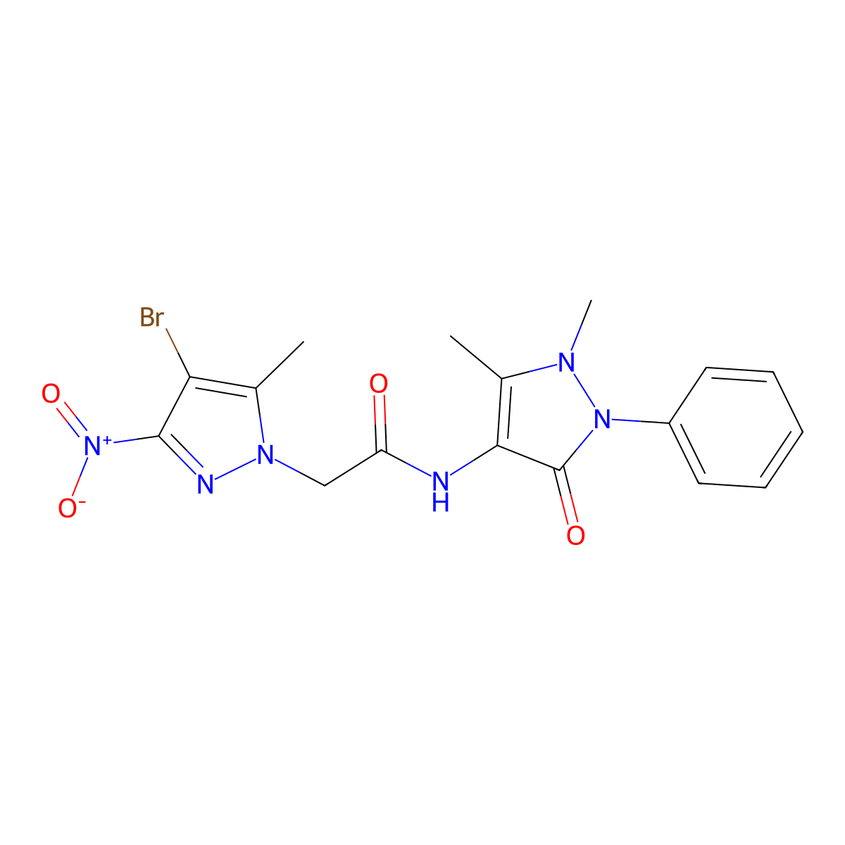 2-{4-bromo-3-nitro-5-methyl-1H-pyrazol-1-yl}-N-(1,5-dimethyl-3-oxo-2-phenyl-2,3-dihydro-1H-pyrazol-4-yl)acetamide molecular structure, CAS 355827-00-8