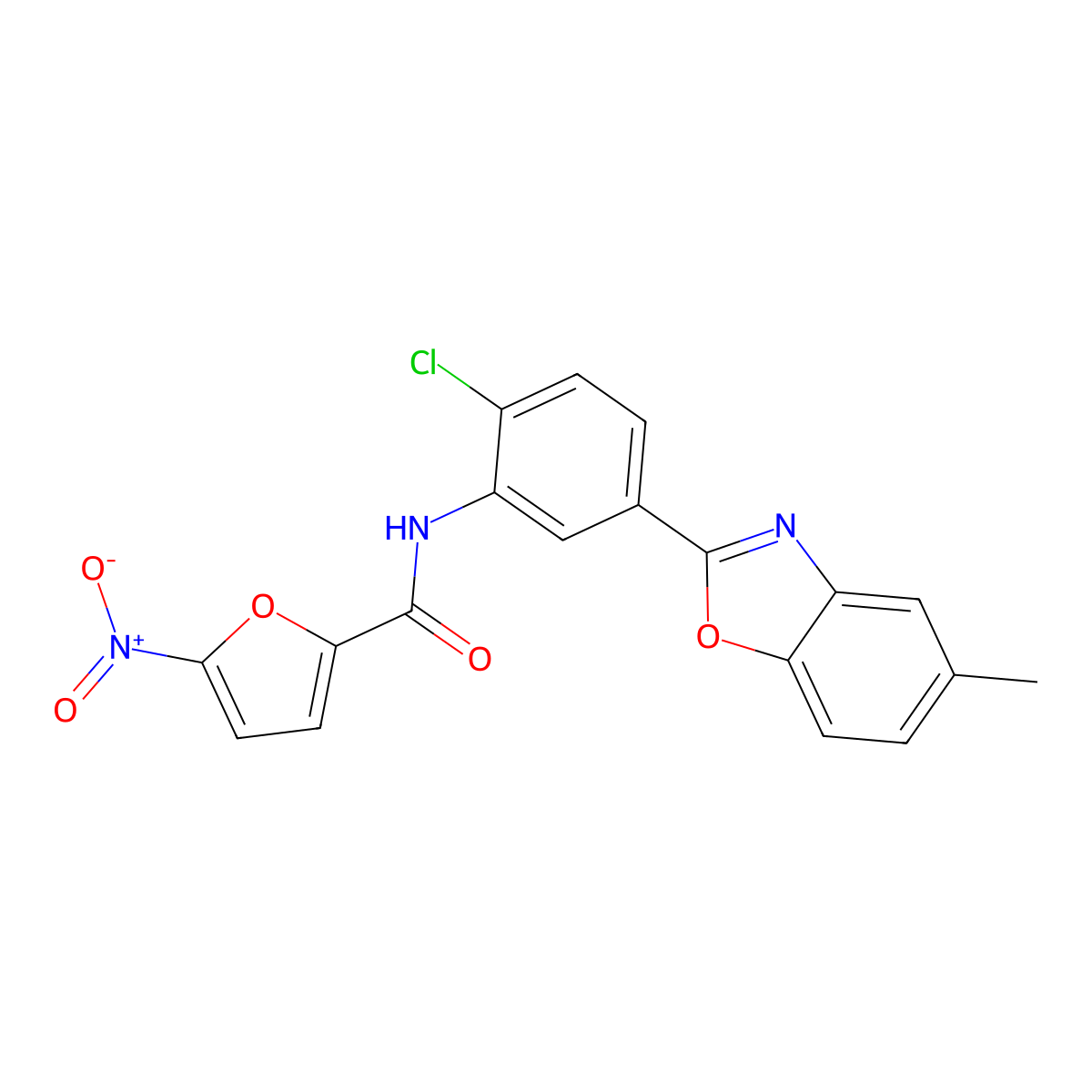 N-[2-chloro-5-(5-methyl-1,3-benzoxazol-2-yl)phenyl]-5-nitrofuran-2-carboxamide molecular structure, CAS 355827-42-8