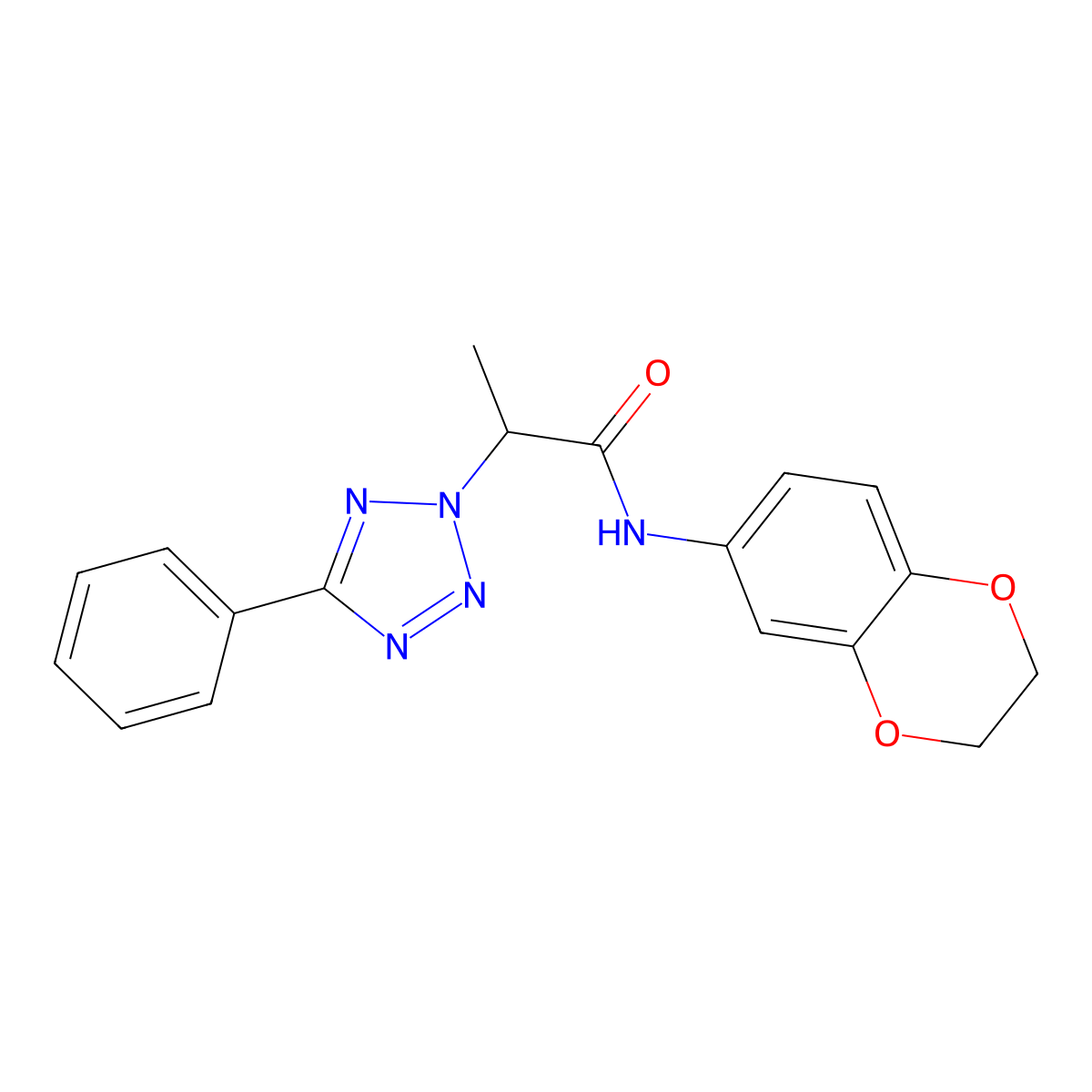 N-(2,3-Dihydro-benzo[1,4]dioxin-6-yl)-2-(5-phenyl-tetrazol-2-yl)-propionamide molecular structure, CAS 356075-40-6