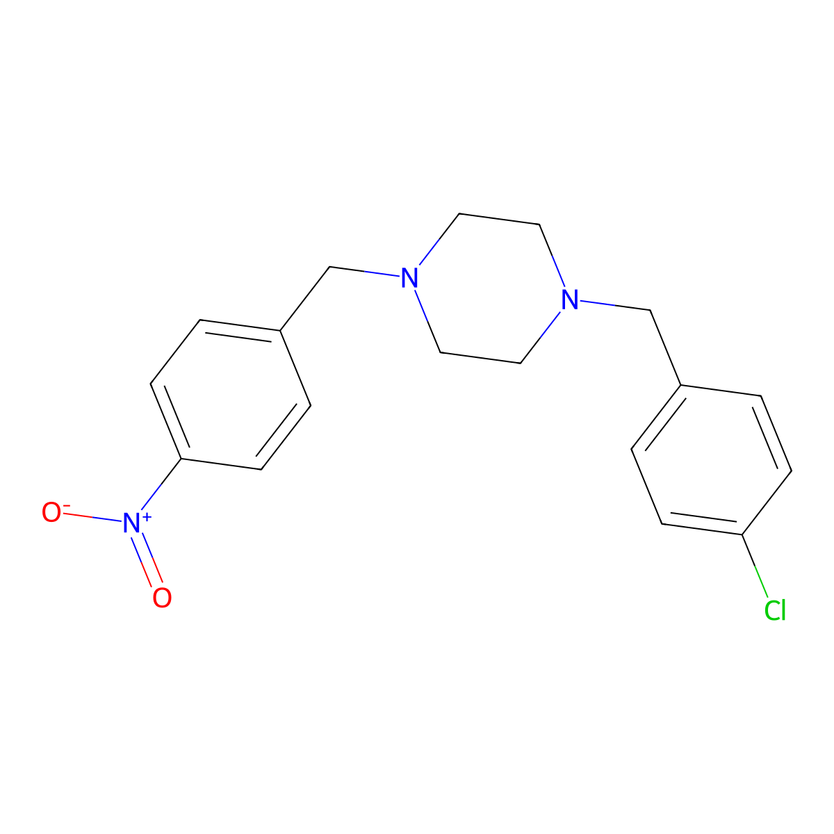 1-[(4-Chlorophenyl)methyl]-4-[(4-nitrophenyl)methyl]piperazine molecular structure, CAS 356076-08-9