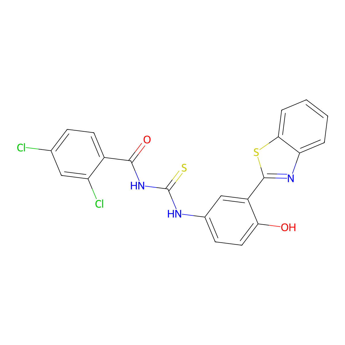 N-((3-(benzo[d]thiazol-2-yl)-4-hydroxyphenyl)carbamothioyl)-2,4-dichlorobenzamide molecular structure, CAS 356078-89-2