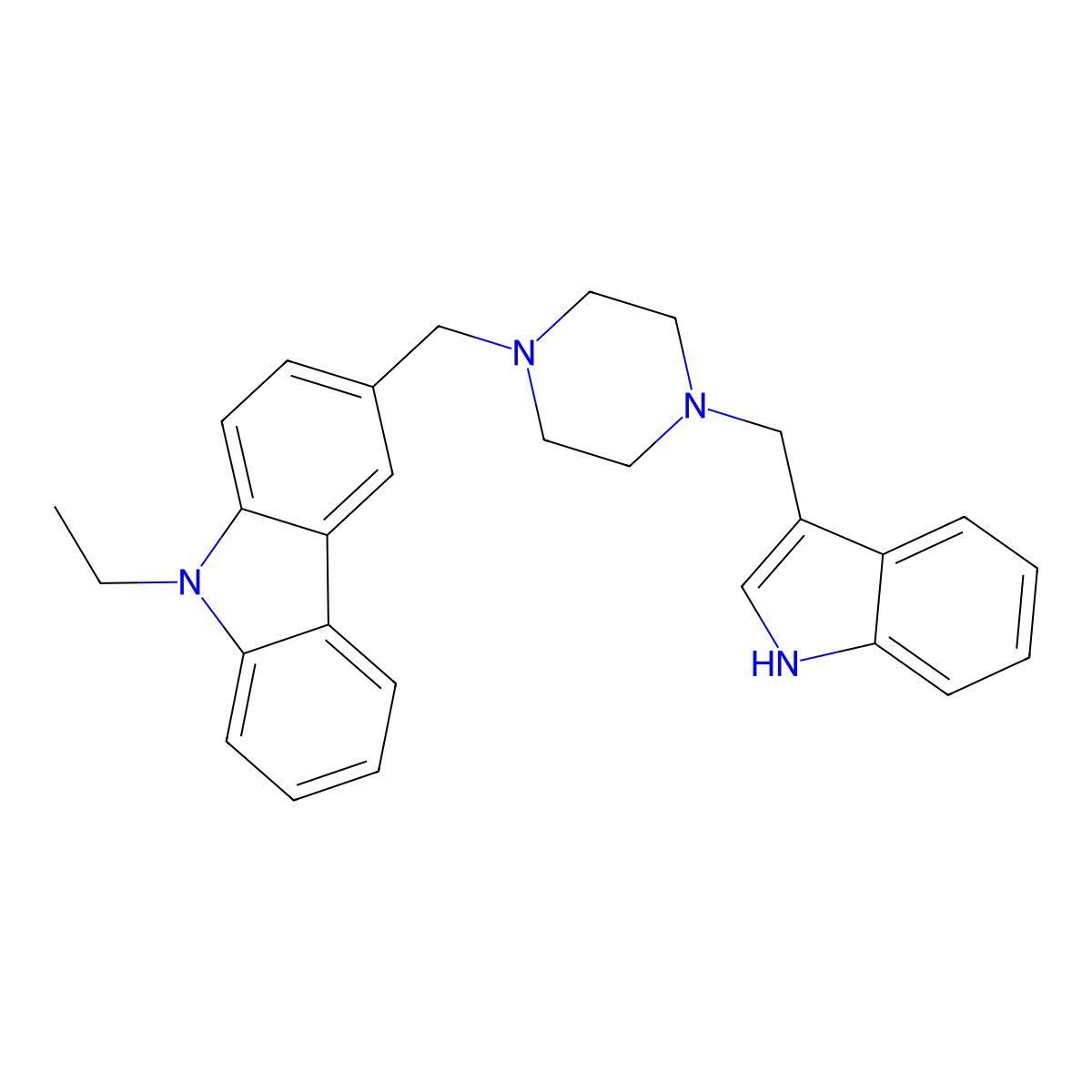 9-ethyl-3-[[4-(1H-indol-3-ylmethyl)piperazin-1-yl]methyl]carbazole molecular structure, CAS 356082-53-6