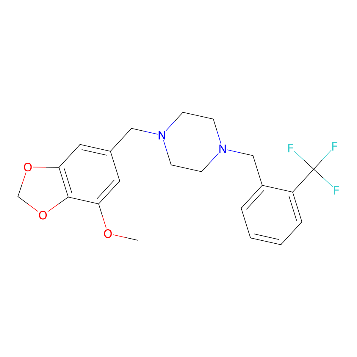 1-[(7-Methoxy-1,3-benzodioxol-5-yl)methyl]-4-[2-(trifluoromethyl)benzyl]piperazine molecular structure, CAS 356083-27-7