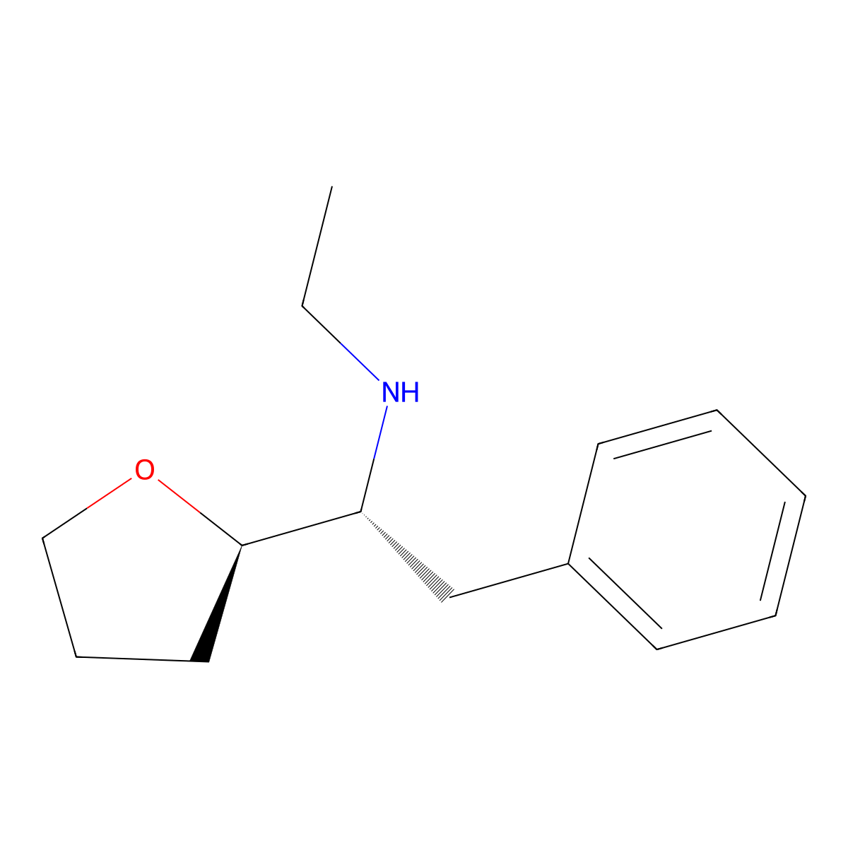 2-Furanmethanamine, N-ethyltetrahydro-alpha-(phenylmethyl)-, (R-(R*,R*))- molecular structure, CAS 3563-92-6