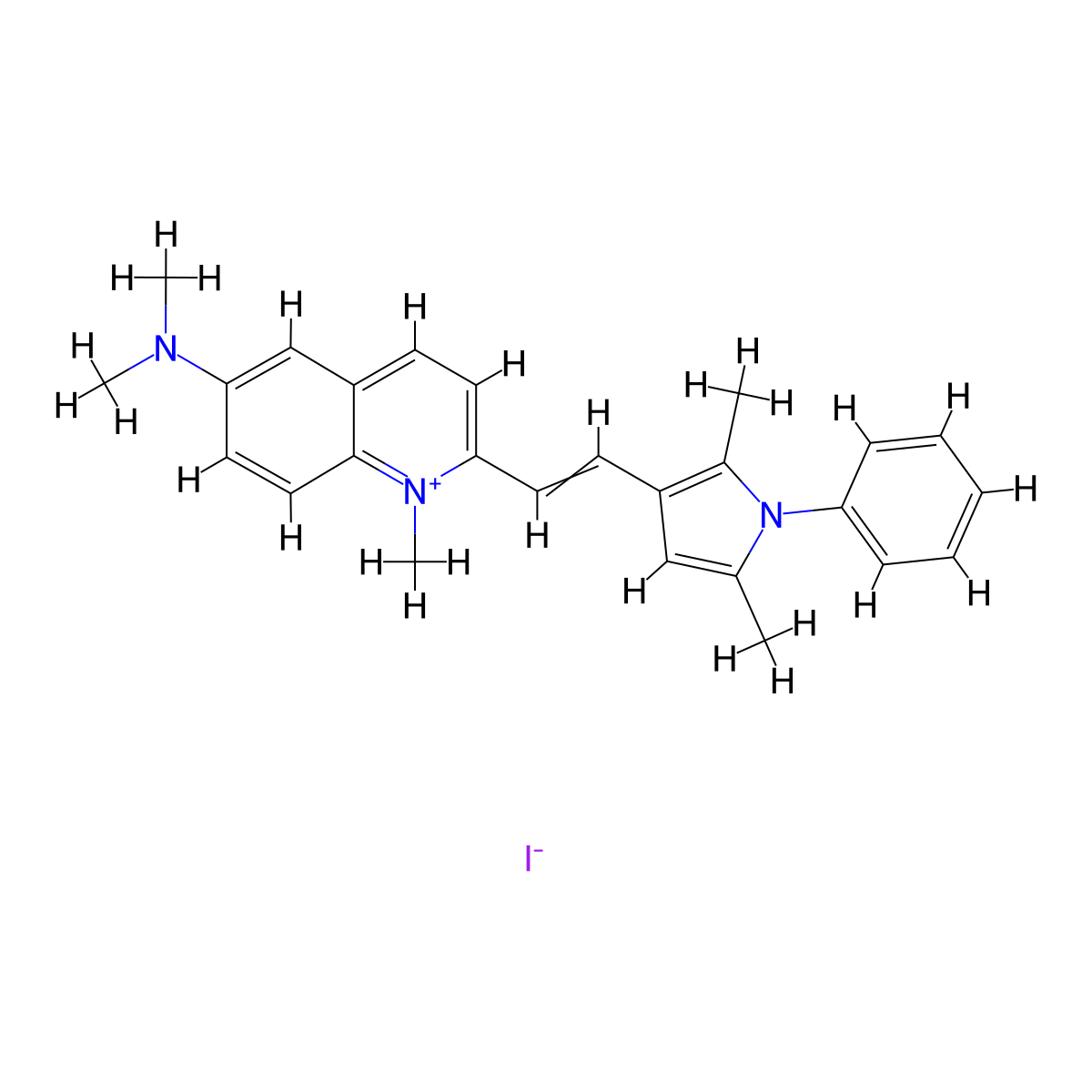 Quinolinium, 6-(dimethylamino)-2-(2-(2,5-dimethyl-1-phenyl-1H-pyrrol-3-yl)ethenyl)-1-methyl-, iodide (1:1) molecular structure, CAS 35648-29-4