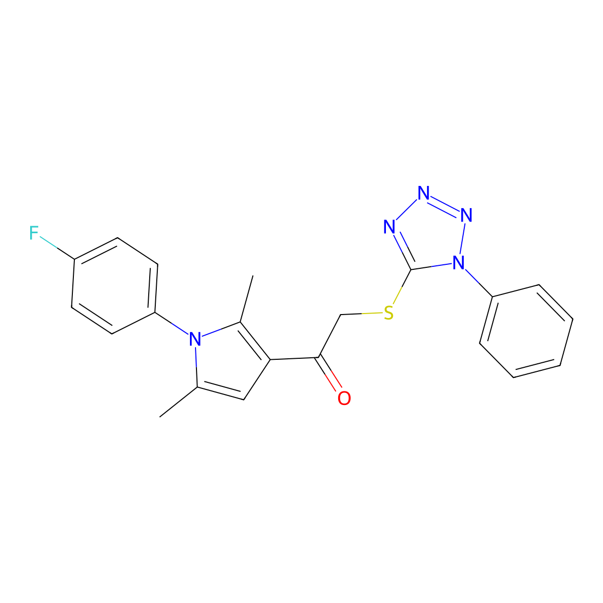 1-[1-(4-fluorophenyl)-2,5-dimethyl-1H-pyrrol-3-yl]-2-[(1-phenyl-1H-tetrazol-5-yl)sulfanyl]ethanone molecular structure, CAS 356568-88-2