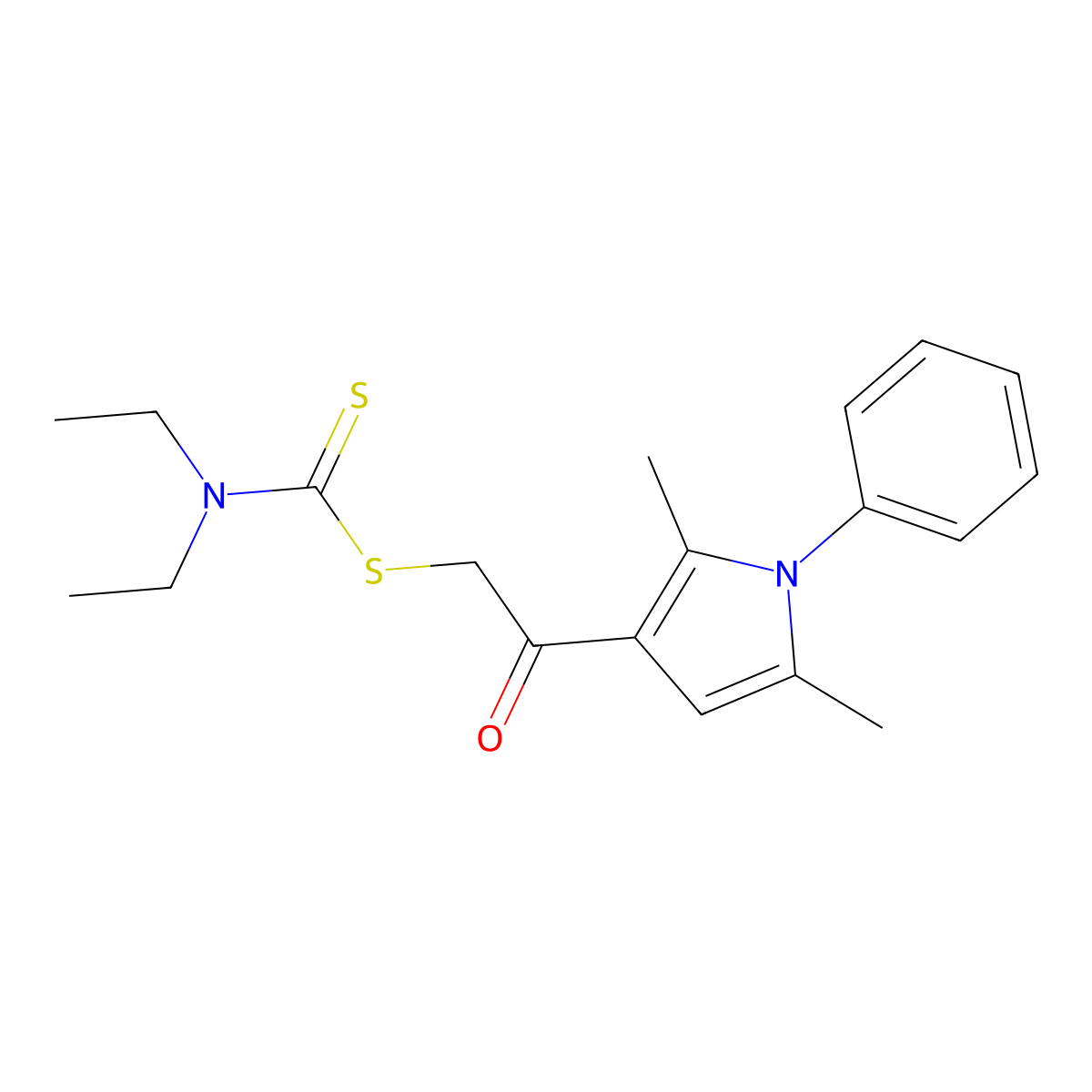 2-(2,5-dimethyl-1-phenyl-1H-pyrrol-3-yl)-2-oxoethyl diethylcarbamodithioate molecular structure, CAS 356569-57-8