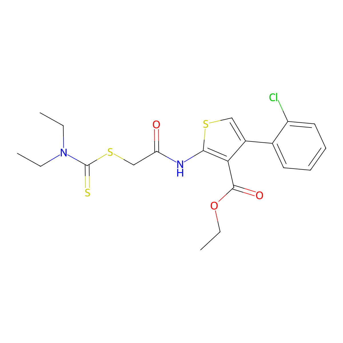 Ethyl 4-(2-chlorophenyl)-2-[[2-(diethylcarbamothioylsulfanyl)acetyl]amino]thiophene-3-carboxylate molecular structure, CAS 356569-78-3