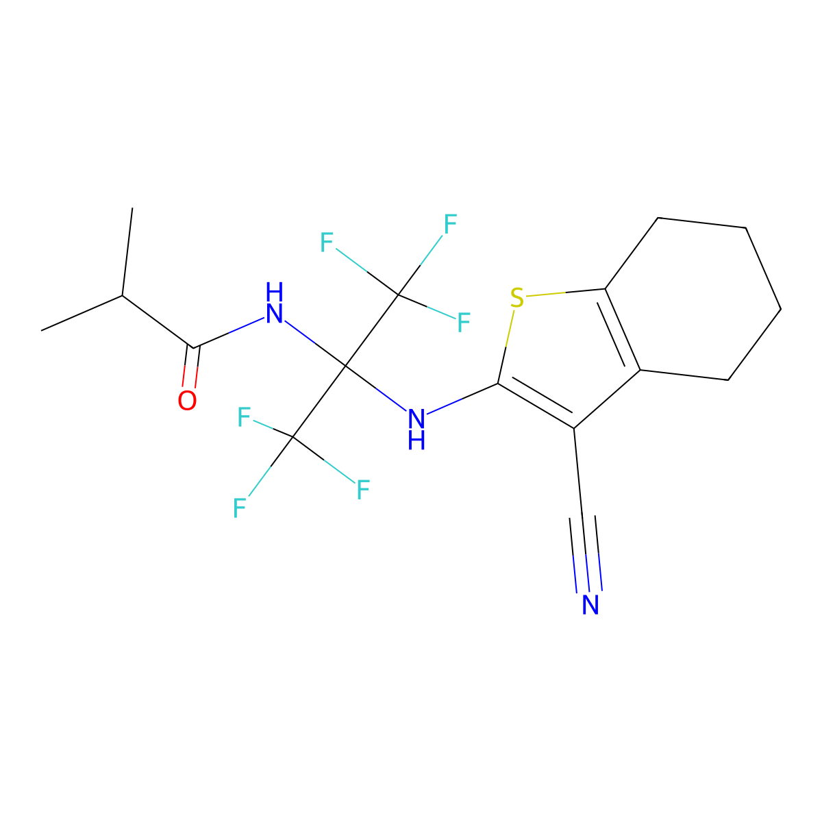 N-[2-[(3-cyano-4,5,6,7-tetrahydro-1-benzothiophen-2-yl)amino]-1,1,1,3,3,3-hexafluoropropan-2-yl]-2-methylpropanamide molecular structure, CAS 356586-08-8